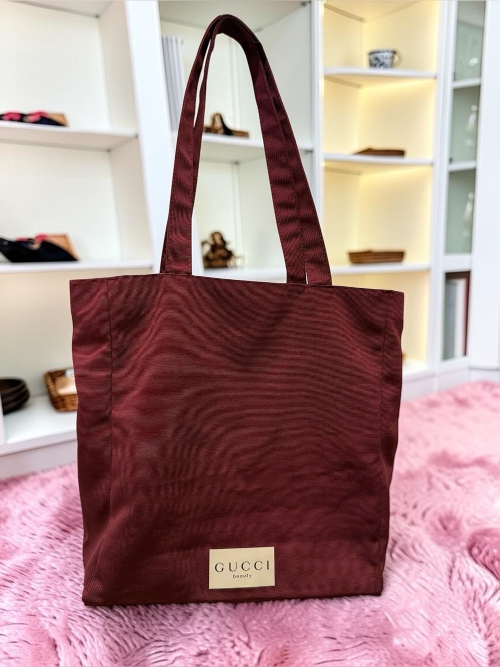 Gucci Beauty Burgundy Canvas Tote Bag-EUC